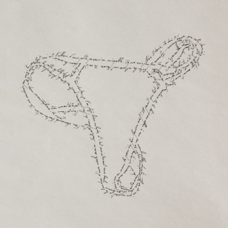 A panties, Marc Molk, 2013, calligramm, indian ink on old paper, 11,3 x 7,8 in