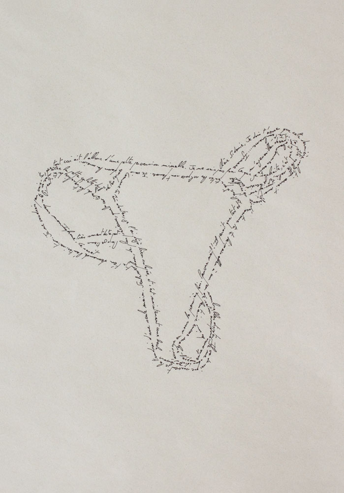 A panties, Marc Molk, 2013, calligramm, indian ink on old paper, 11,3 x 7,8 in