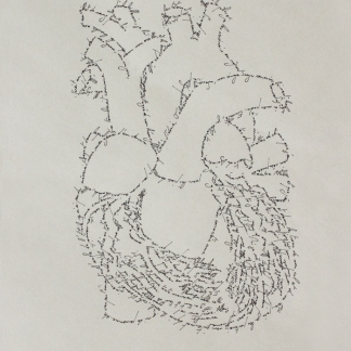 The Heart, Marc Molk, 2013, calligramm, indian ink on old paper, 11,3 x 7,8 in