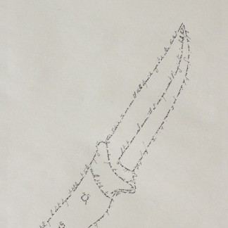 The Knife, Marc Molk, 2013, calligramm, indian ink on old paper, 11,3 x 7,8 in
