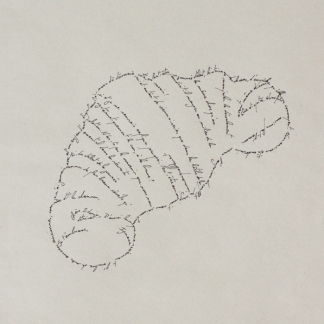 The Croissant, Marc Molk, 2013, calligramm, indian ink on old paper, 11,3 x 7,8 in
