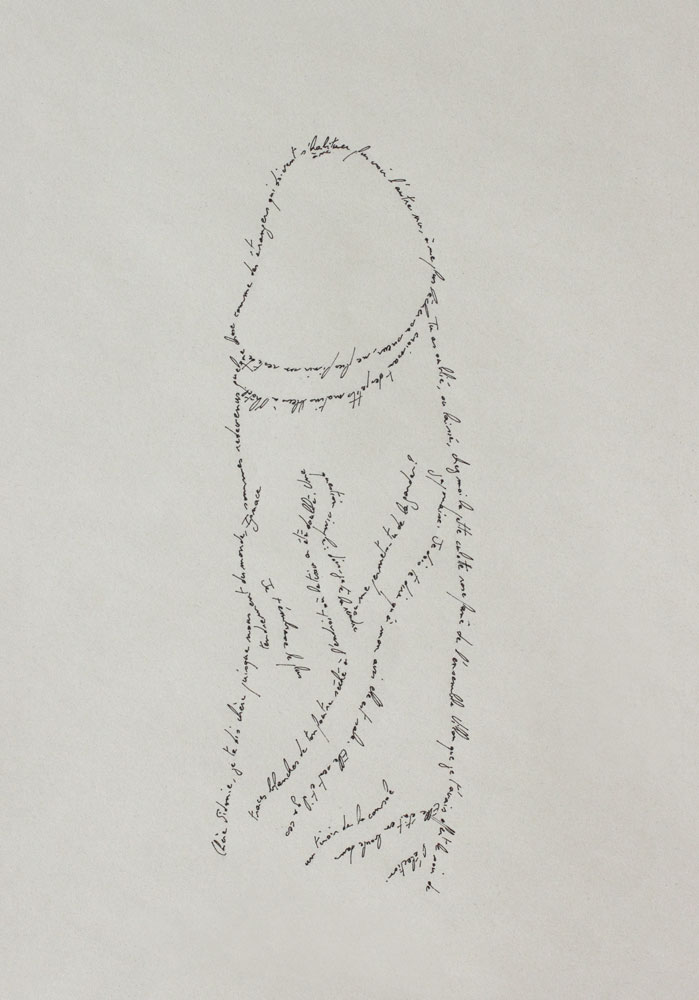 The Penis, Marc Molk, 2013, calligramm, indian ink on old paper, 11,3 x 7,8 in