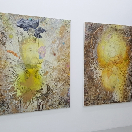 On the left : Still attemp to reign over France, Marc Molk, 2015, oil and acrylic on canvas, 63,8 x 51,2 in / On the right : The power of elixirs, Marc Molk, 2016-2017, oil and acrylic on canvas, 63,8 x 51,2 in