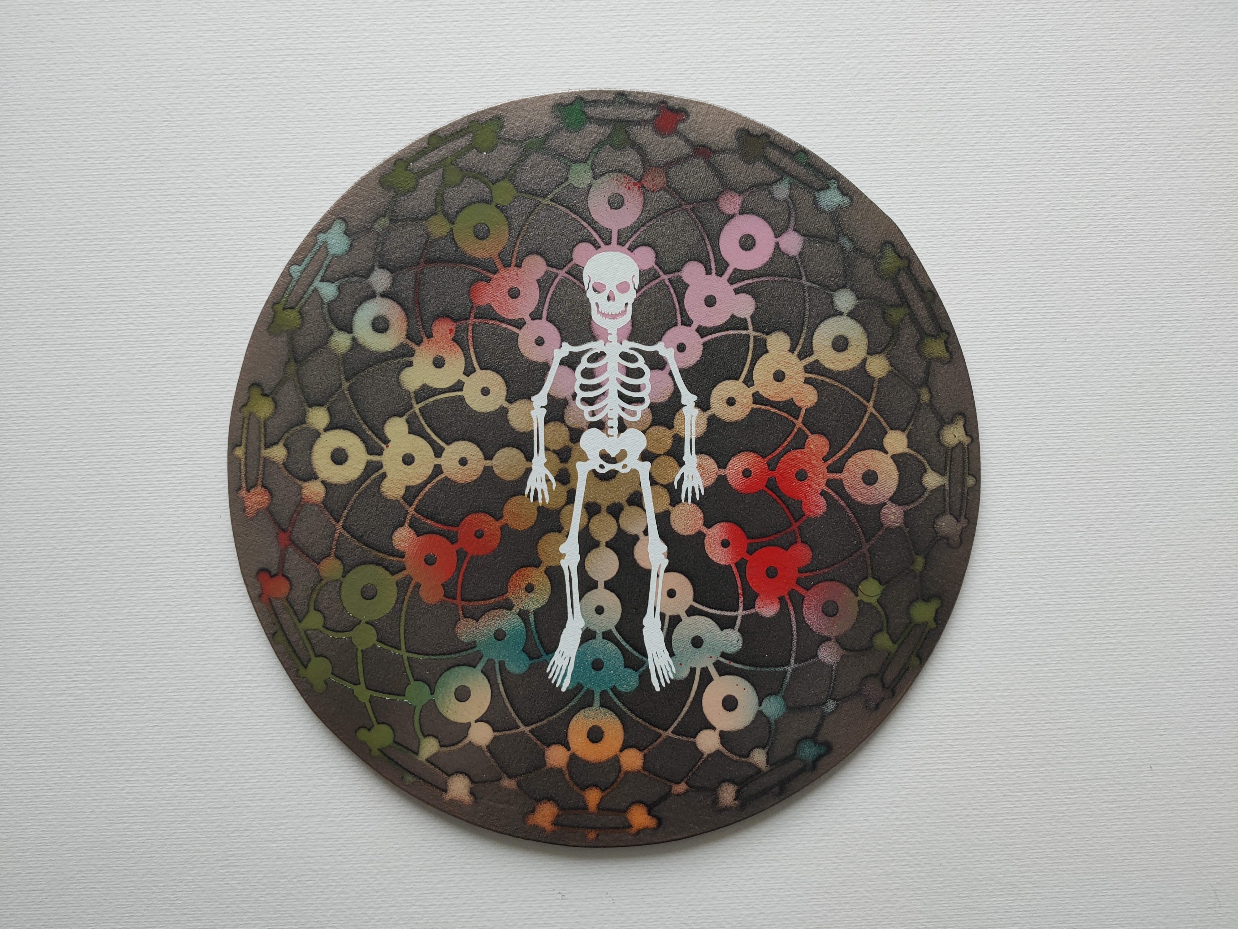 Skeleton of Joy, Marc Molk, acrylic on canvas board, diameter 11,8 in